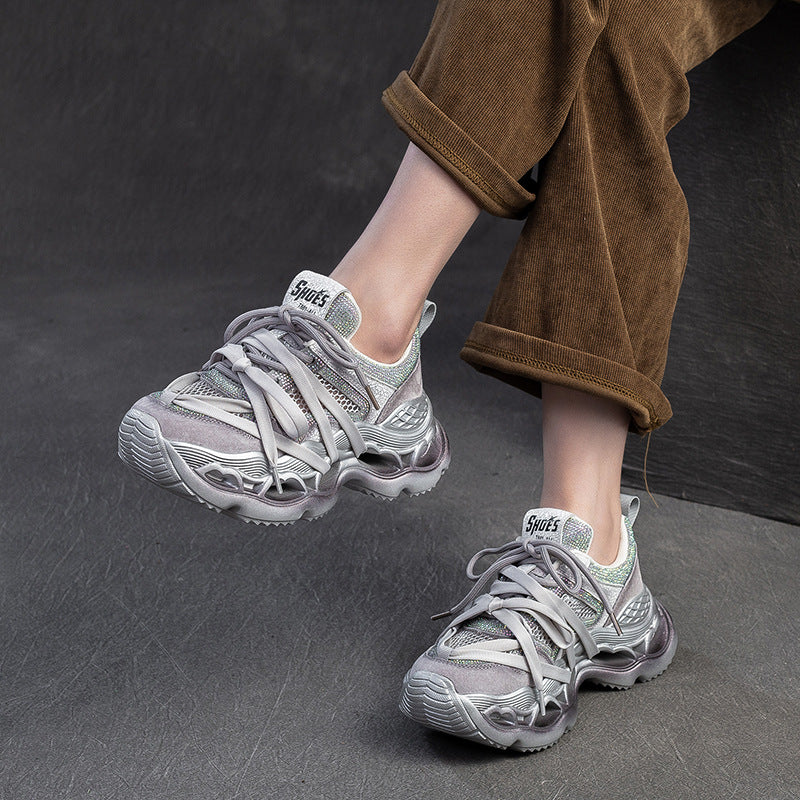 Women Rhinestone Breathable Mesh Platform Thick Sole Sneakers-RAIIFY