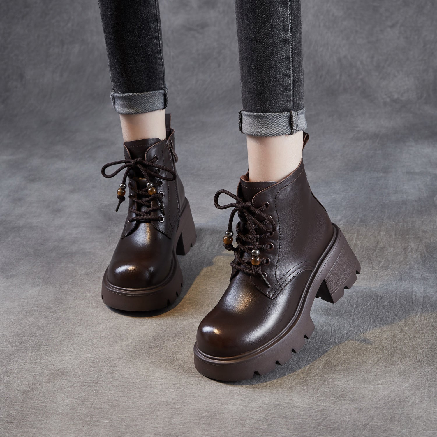 Women's Vintage Leather Chunky Heel Boots-RAIIFY