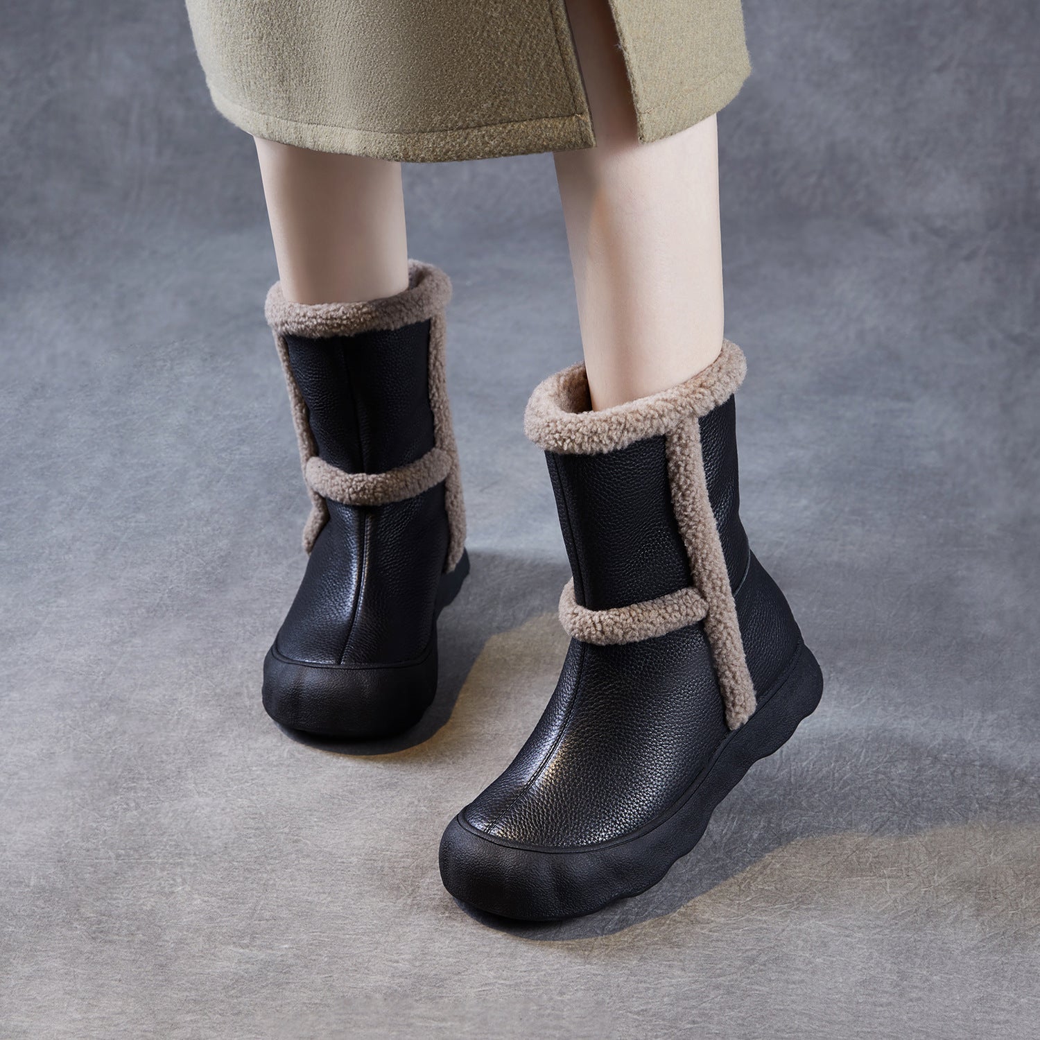 Women's Leather Comfort Slip-on Mid-Calf Snow Boots-RAIIFY