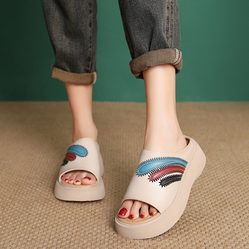Women's Retro Leather Casual Thick Soled Slides-RAIIFY