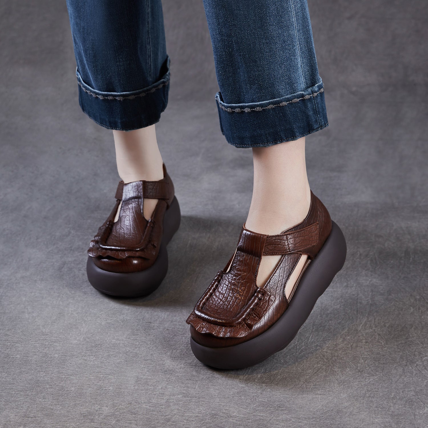 Women's Genuine Leather Retro Hollow Out Platform Sandals-RAIIFY