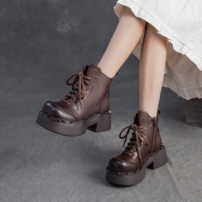 Women's Retro Leather Chunky Platform Ankle Boots-RAIIFY