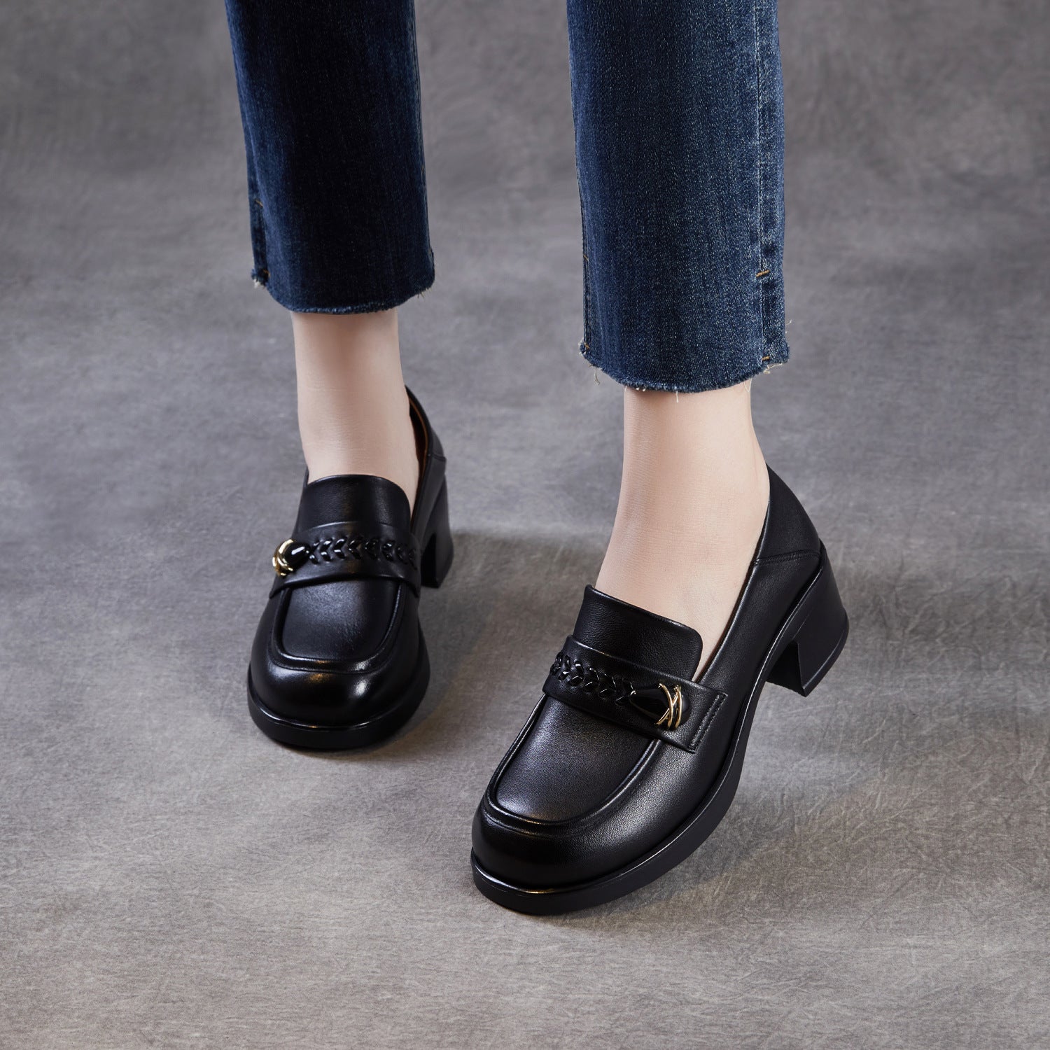 Women's Plain Leather Casual Chunky Heel Loafers-RAIIFY