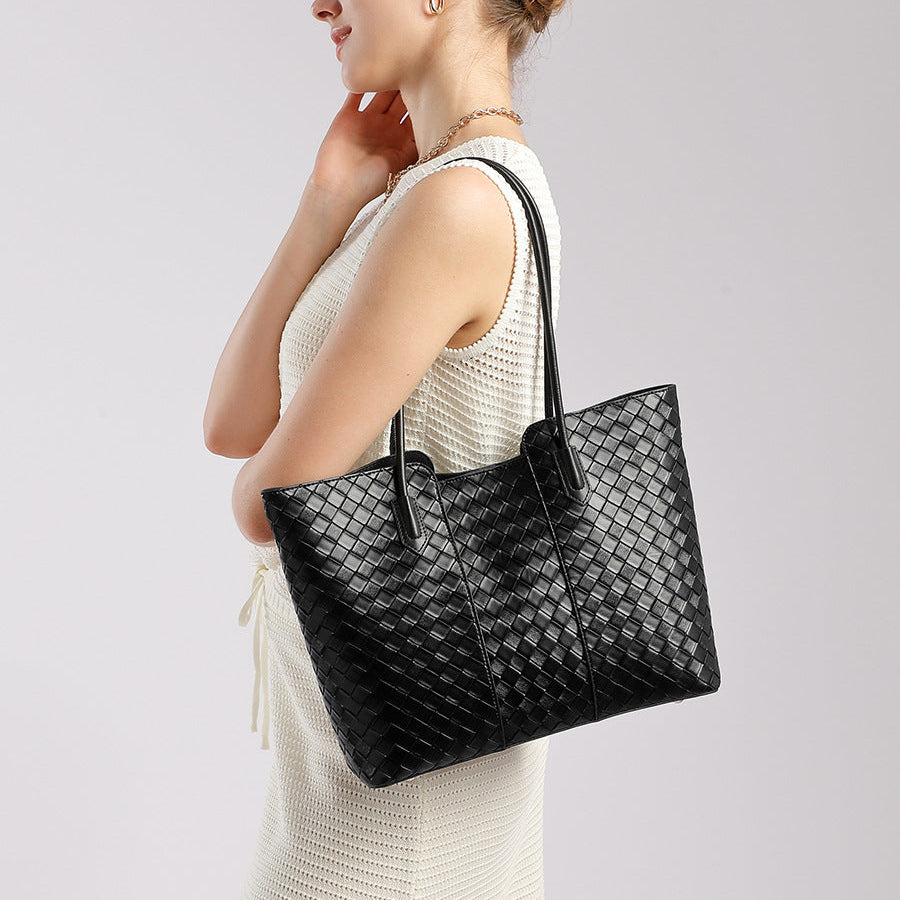 Women's Minimalist Plain Woven Leather Tote Bag-RAIIFY