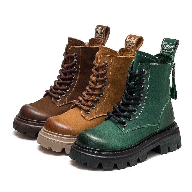 Women Fashion Solid Leather Motorcycle Riding Boots-RAIIFY