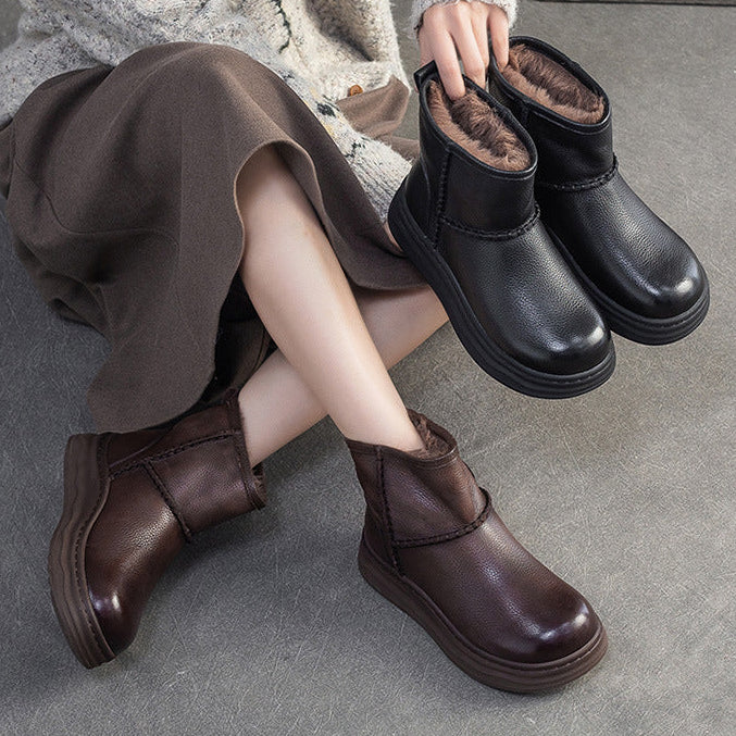 Women's Minimalist Leather Furred Slip-on Snow Boots-RAIIFY