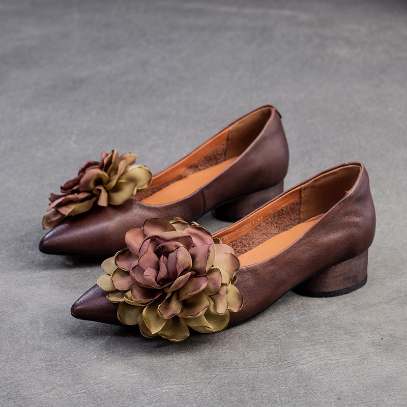 Women Retro Casual Flower Leather Low Block Pumps-RAIIFY
