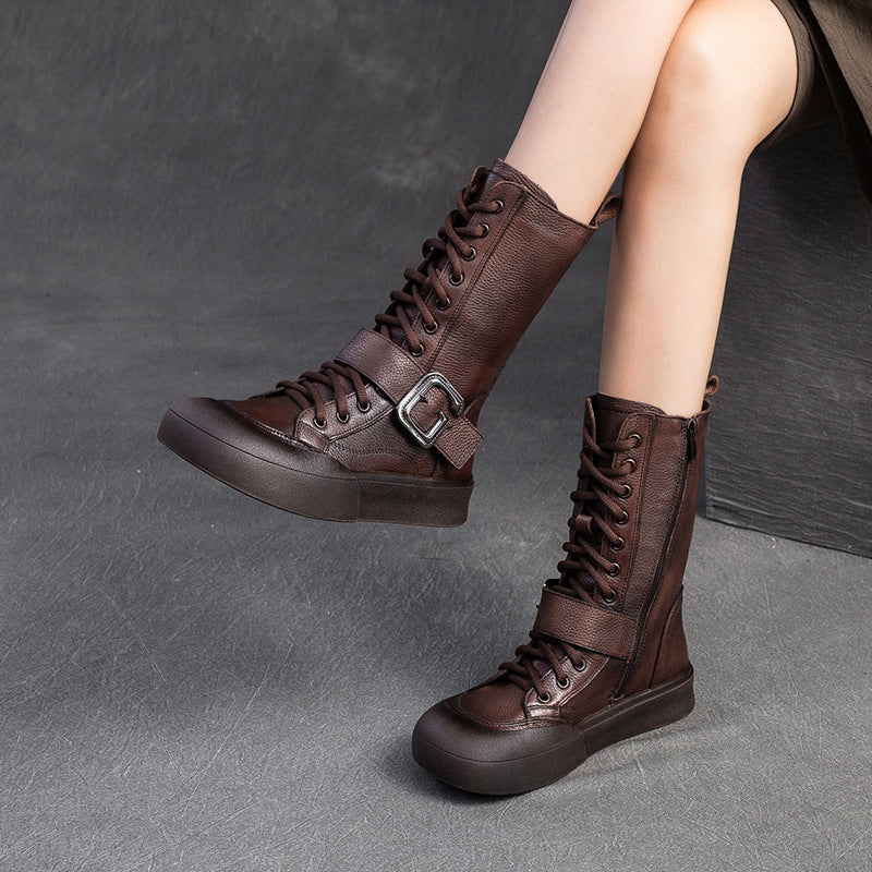 Women Solid Leahter Retro Soft Riding Boots-RAIIFY