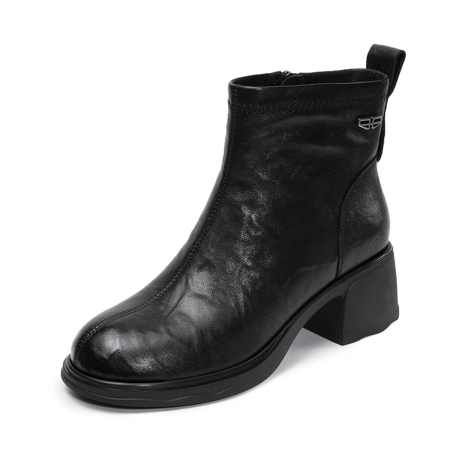 Women's Plain Leather Chunky Heel Furred Ankle Boots-RAIIFY