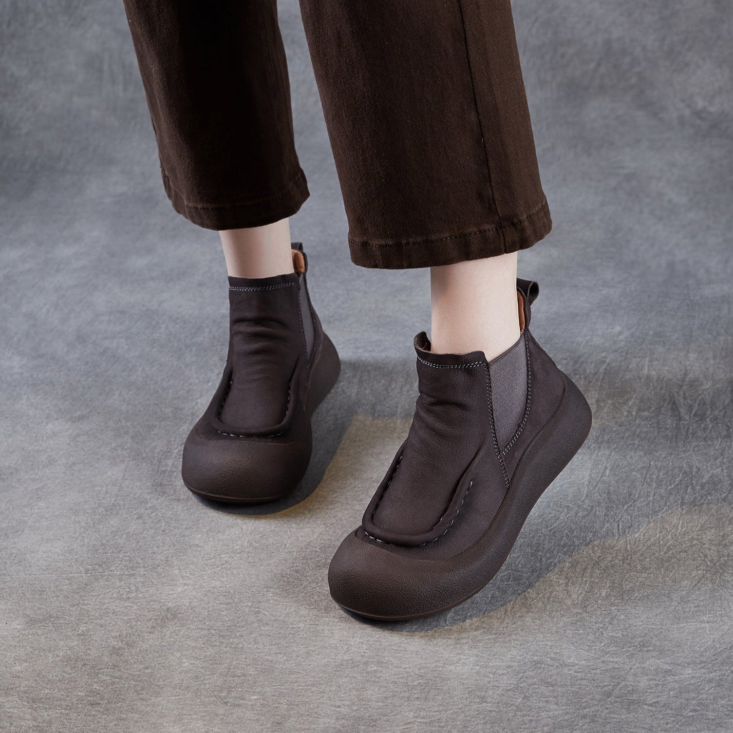 Women's Vintage Plain Leather Slip-on Ankle Boots-RAIIFY