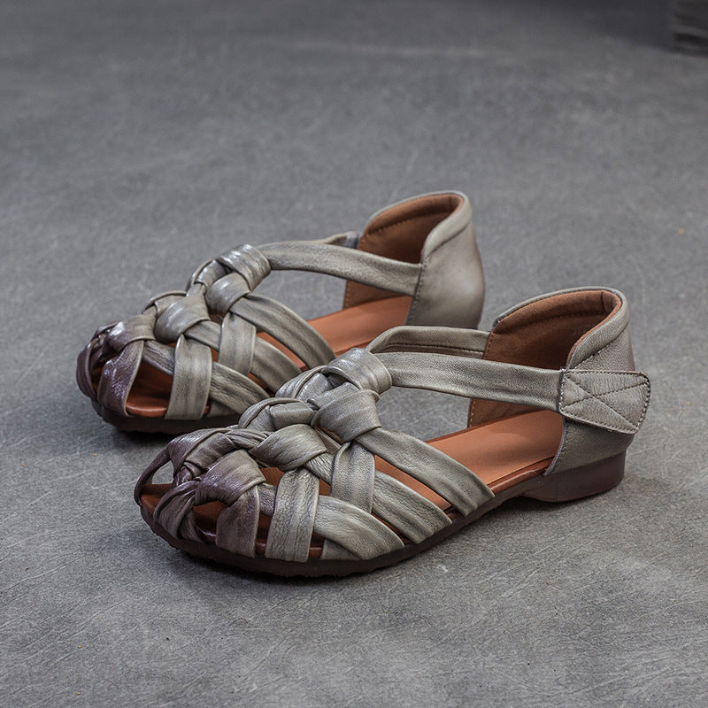 Women Vintage Plaited Leather Velcro Flat Sandals-RAIIFY
