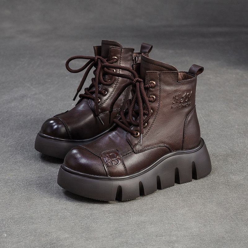 Women's Retro Plain leather Platform Furred Snow Boots-RAIIFY