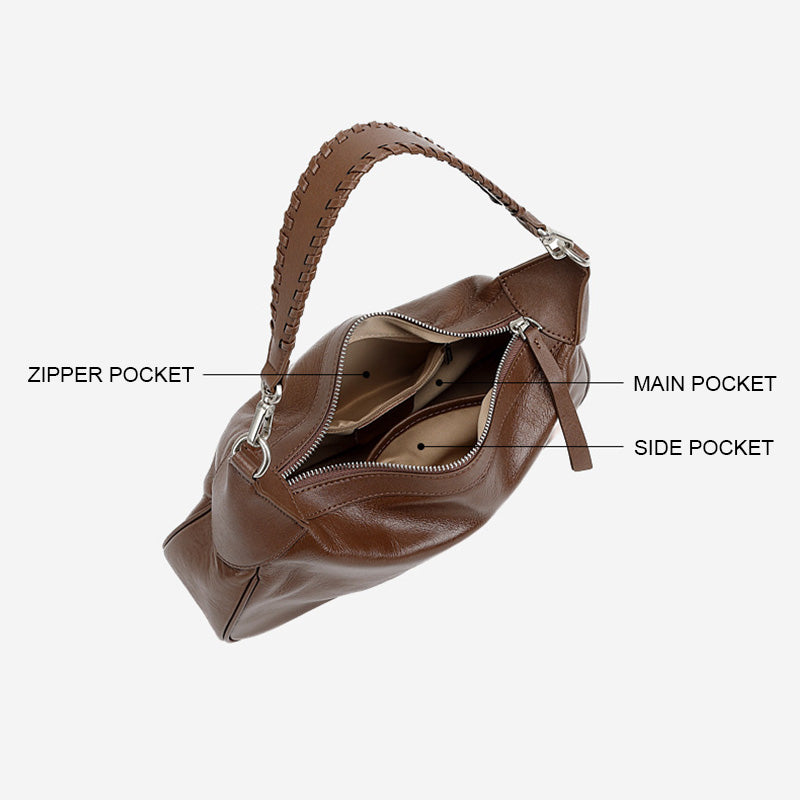 Women’s Retro Plain Soft Leather Retro Shoulder Hobo Bag-RAIIFY