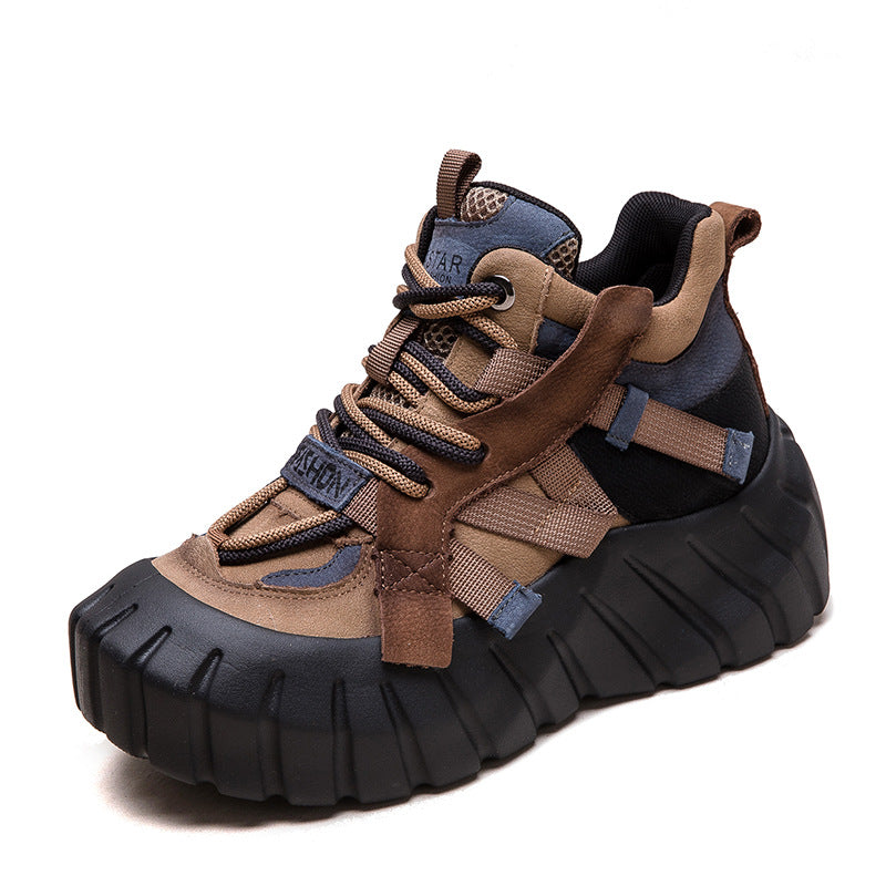Women Color Matching Leather High-Top Platform Casual Shoes-RAIIFY