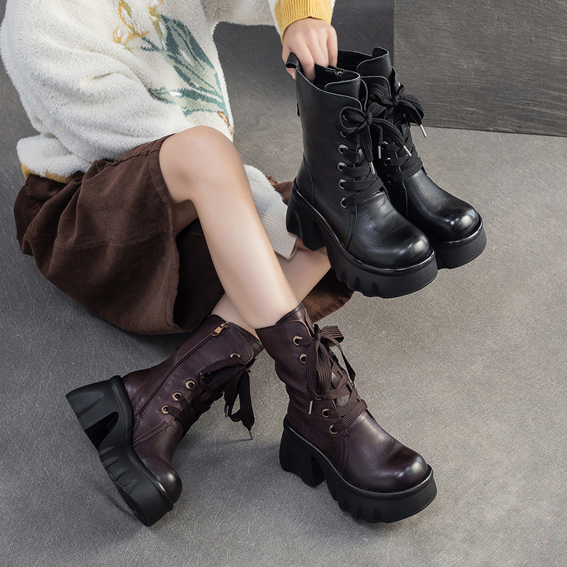 Women's Vintage Leather Chunky Platform Mid-Calf Boots-RAIIFY