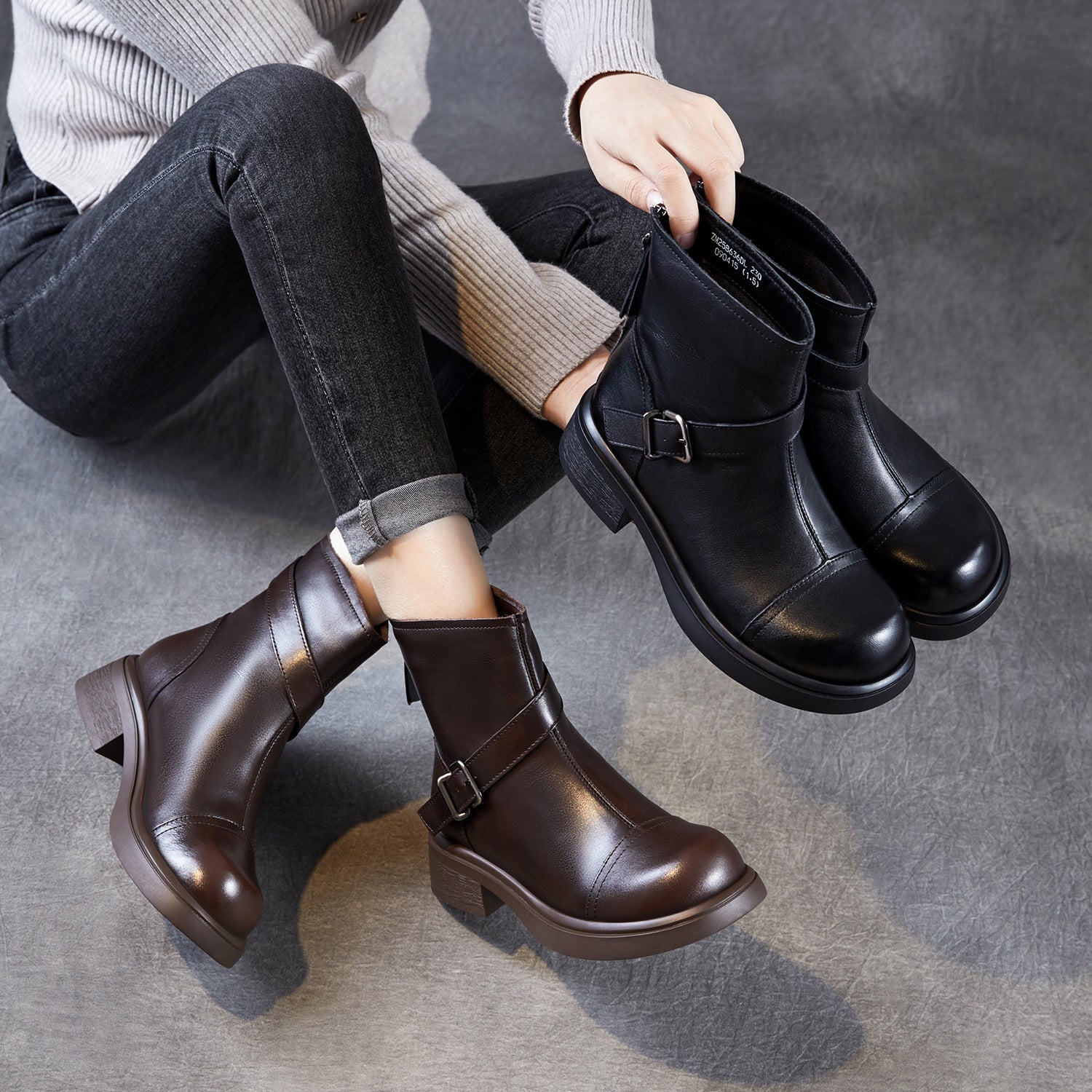Women's Vintage Leather Buckle Strap Ankle Boots-RAIIFY