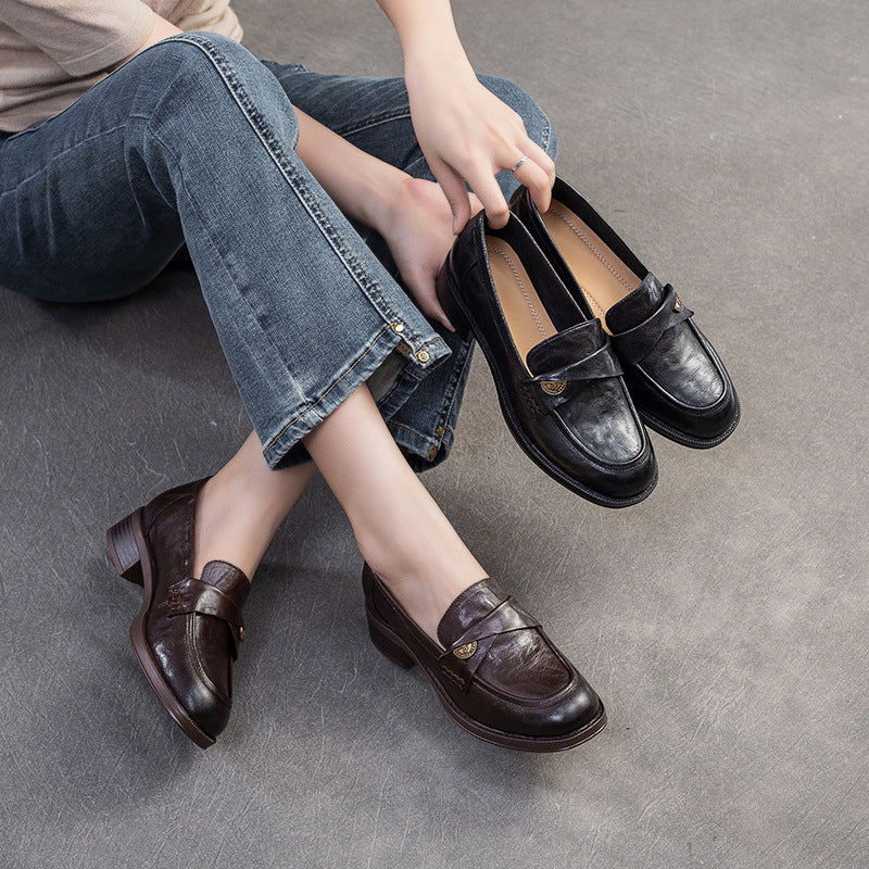 Women Leather Casual Low Block Retro Loafers-RAIIFY