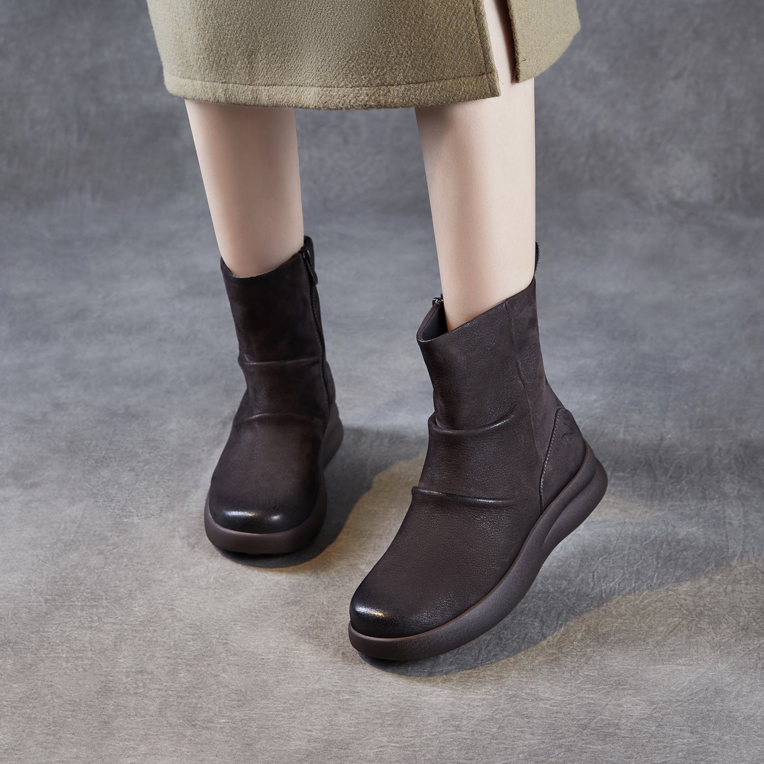 Women's Vintage Plain Leather Motorcycle Boots-RAIIFY