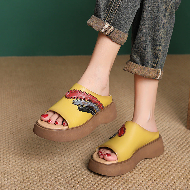 Women's Retro Leather Casual Thick Soled Slides-RAIIFY