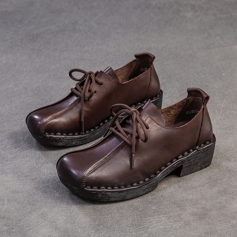 Women Retro Leather Low Block Casual Shoes-RAIIFY