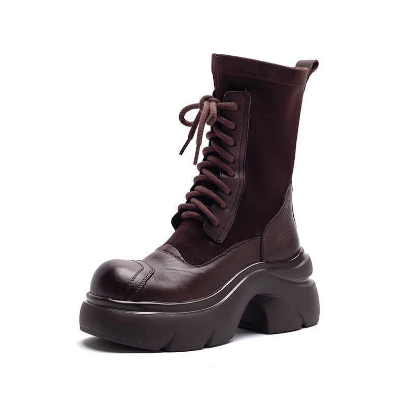 Women's Casual Leather Mid-Calf Platform Boots-RAIIFY