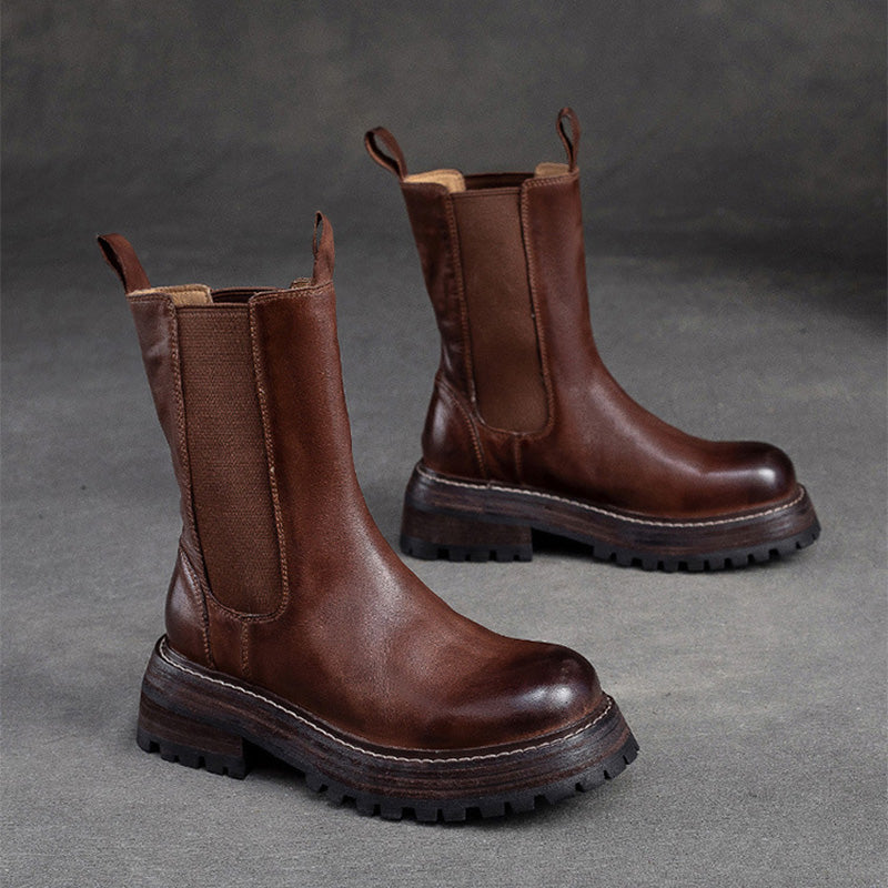 Women Retro Minimalist Leather Mid-Calf Boots-RAIIFY