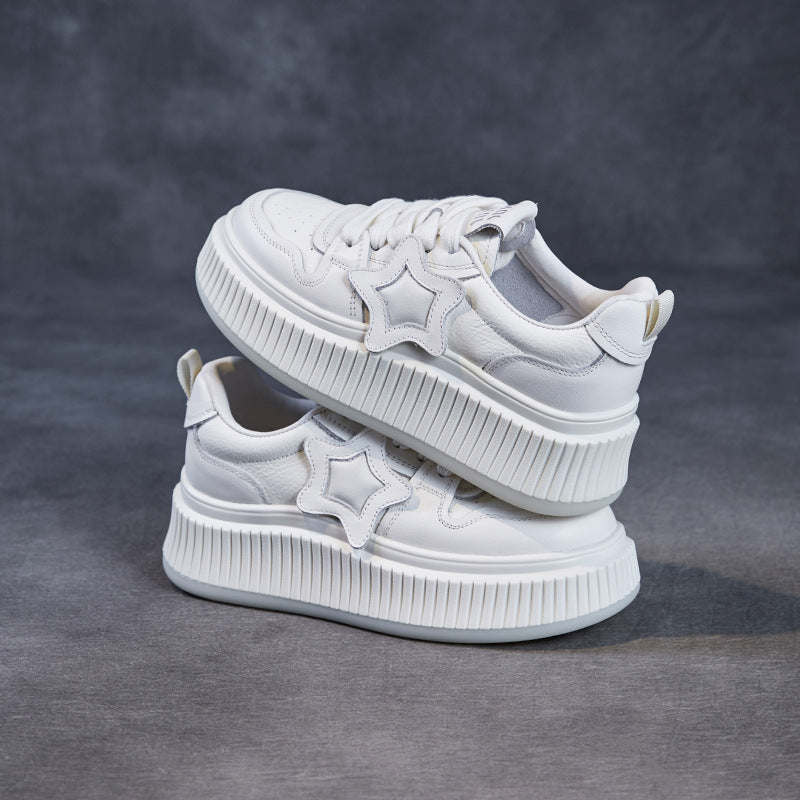 Women Plain Embossed Leather Thick Soled Casual Sneakers-RAIIFY