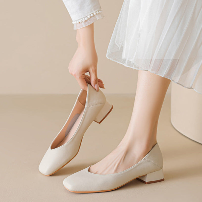 Women's Minimalist Plain Leather Chunky Heel Pumps-RAIIFY