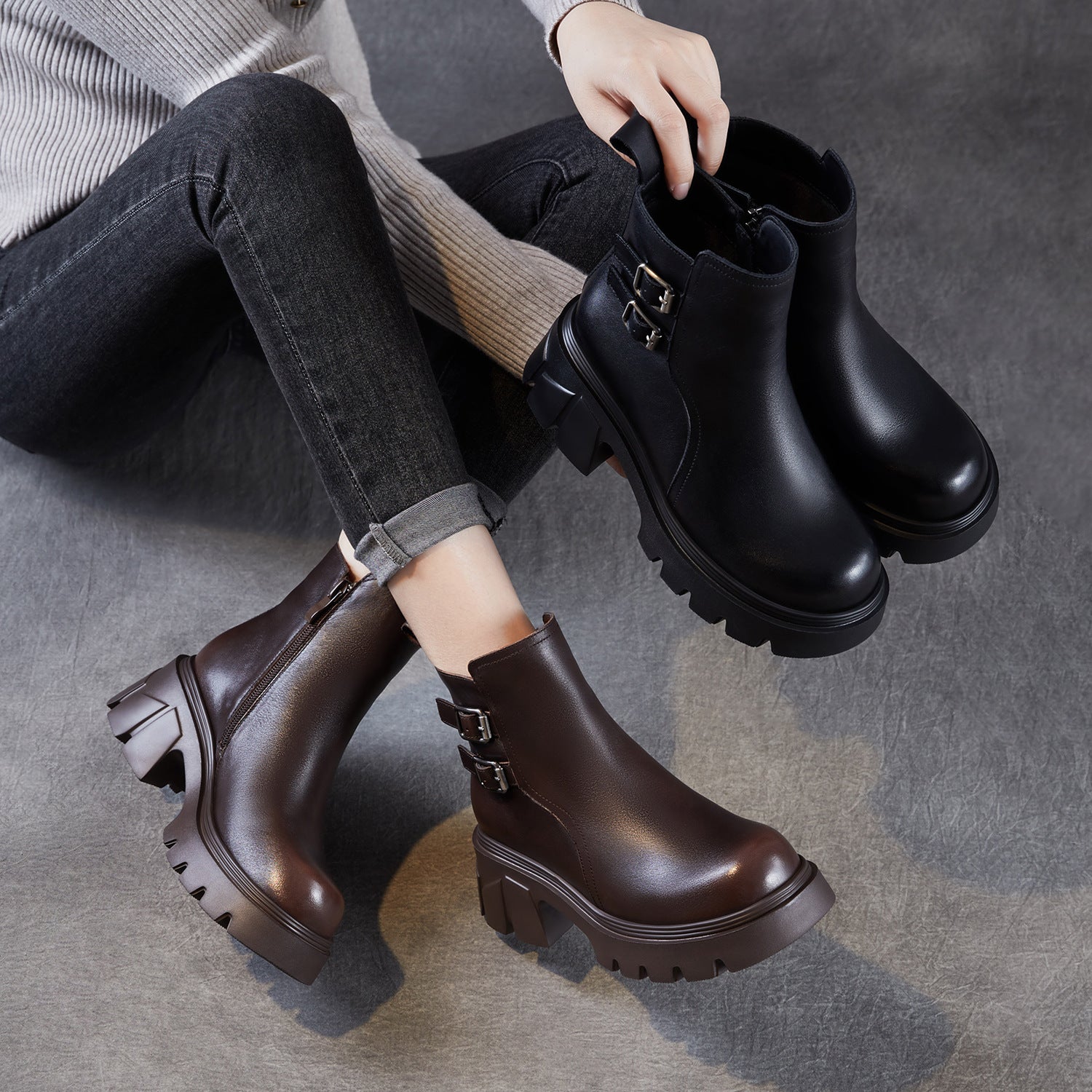 Women's Classic Plain Leather Buckle Platform Ankle Boots-RAIIFY