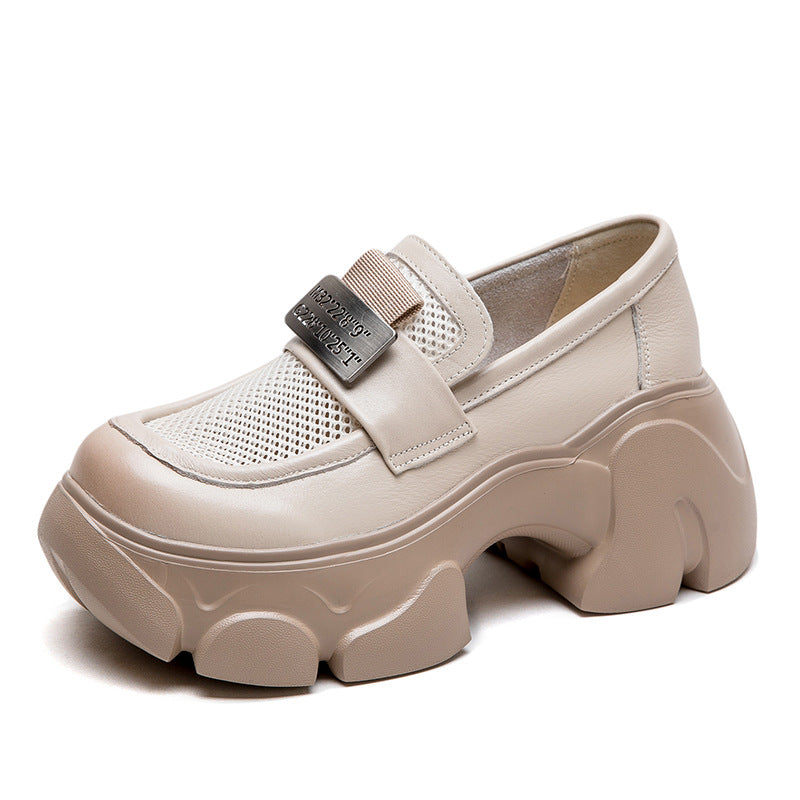 Women Hollow Mesh Leather Chunky Platform Loafers-RAIIFY