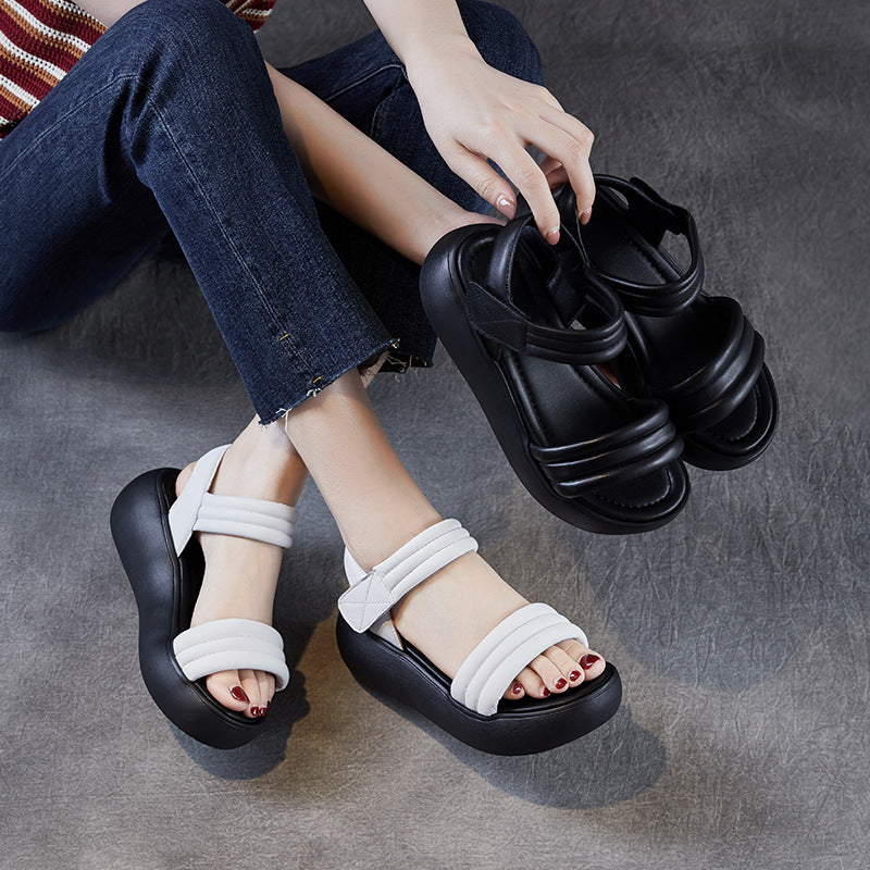 Women Minimalism Plain Leather Velcro Platform Sandals-RAIIFY