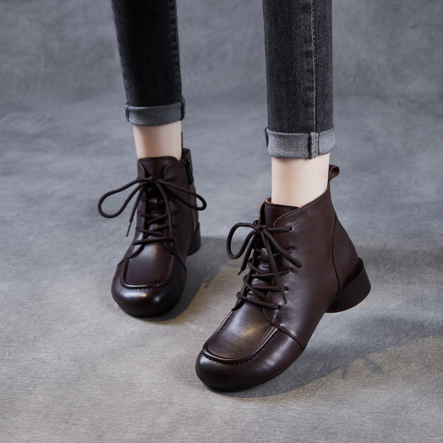 Women's Retro Leather Low Block Ankle Boots-RAIIFY