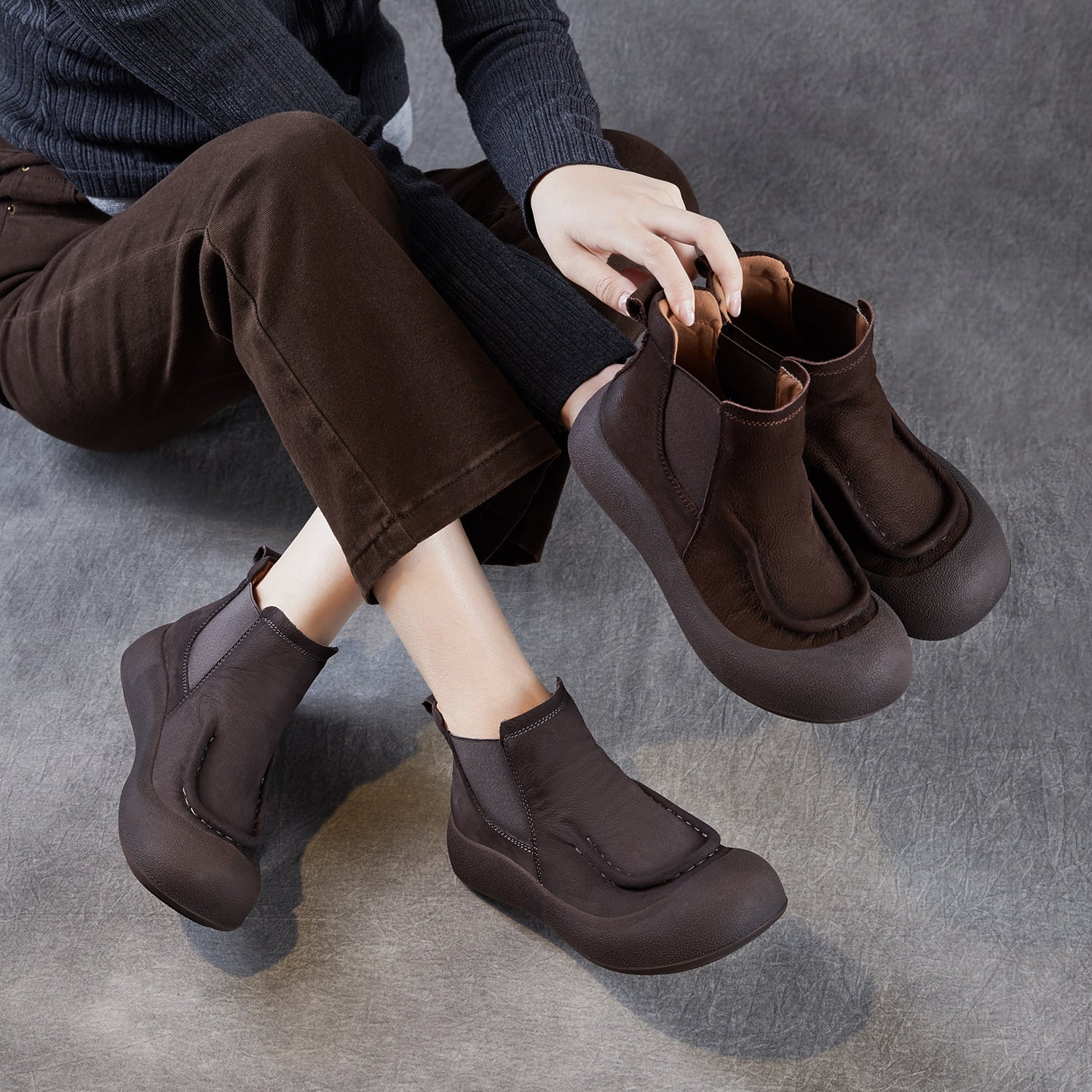 Women's Vintage Plain Leather Slip-on Ankle Boots-RAIIFY