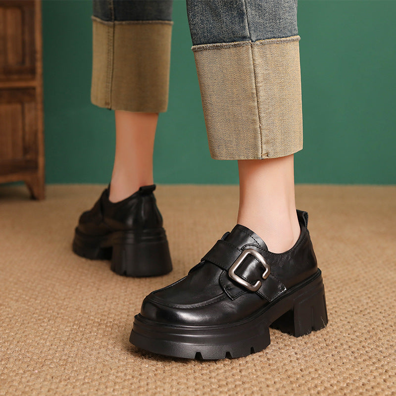 Women Vintage Plain Leather Buckle Chunky Heel Loafers-RAIIFY