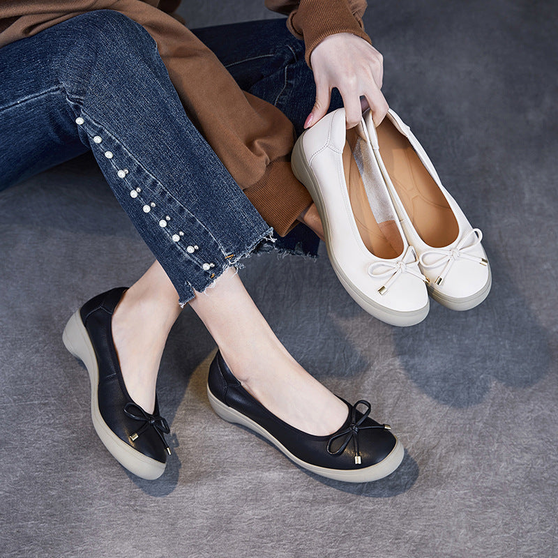 Women Solid Leather Low Wedge Bowknot Casual Shoes-RAIIFY