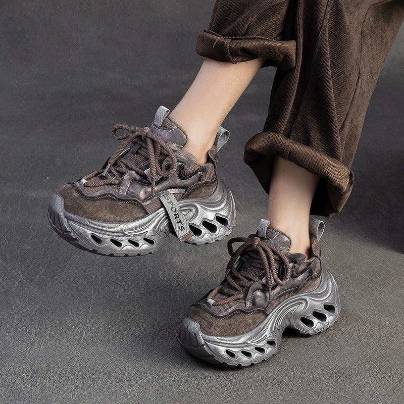 Women's Vintage Leather Chunky Platform Sneakers-RAIIFY