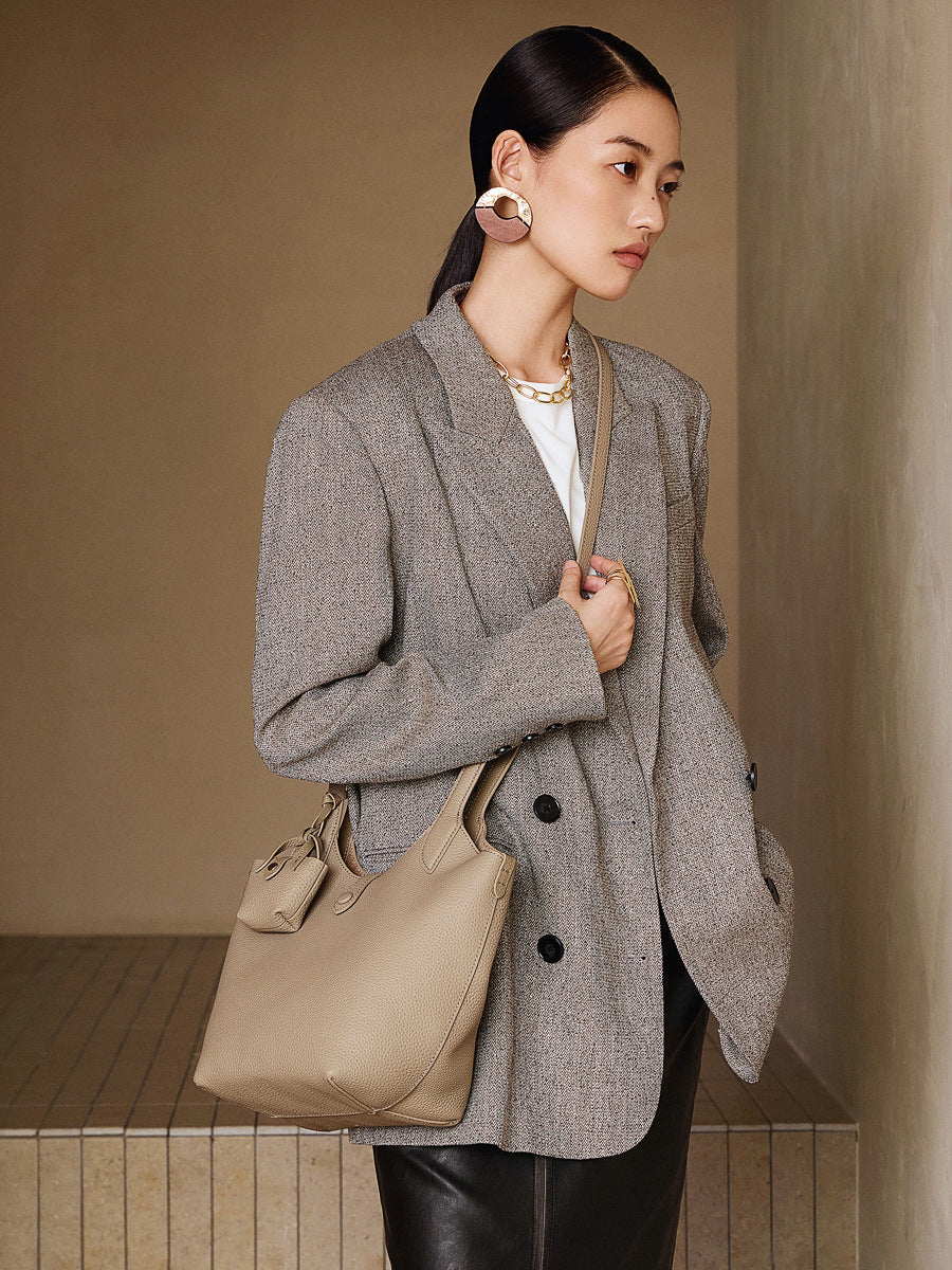 Women’s Fashion Plain Leather Bucket Bag-RAIIFY