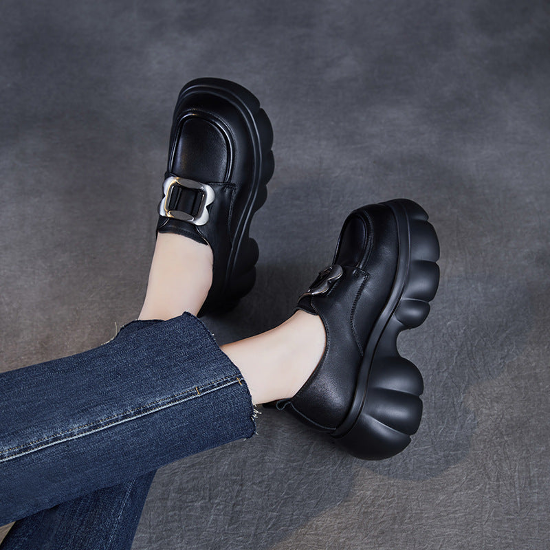 Women Plain Leather Buckle Chunky Platform Loafers-RAIIFY