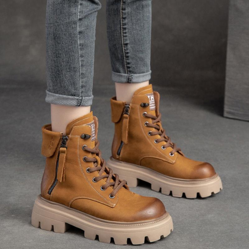 Women Retro Classic Solid Leather Work Casual Boots-RAIIFY