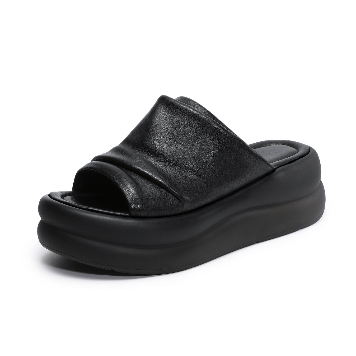 Women's Pleated Leather Platform Casual Open Toe Slides-RAIIFY