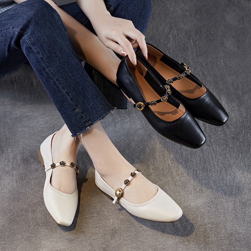 Women Genuine Leather Square Toe Low Heel Mary Jane Shoes-RAIIFY