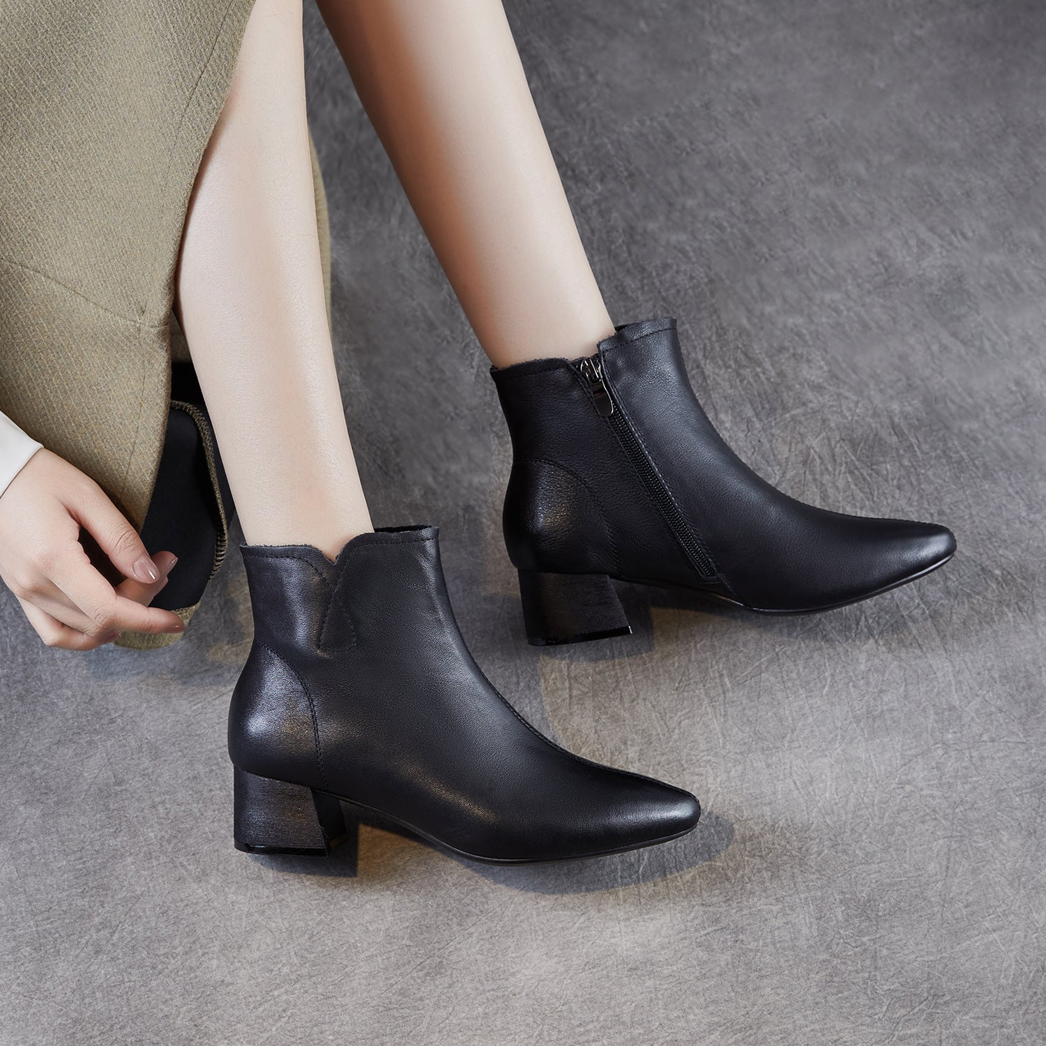 Women's Pointed-Toe Block-Heel Leather Ankle Boots-RAIIFY