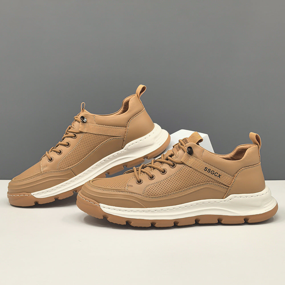 Men Fashion Breathable Plain Leather Elastic Lace Casual Shoes-RAIIFY