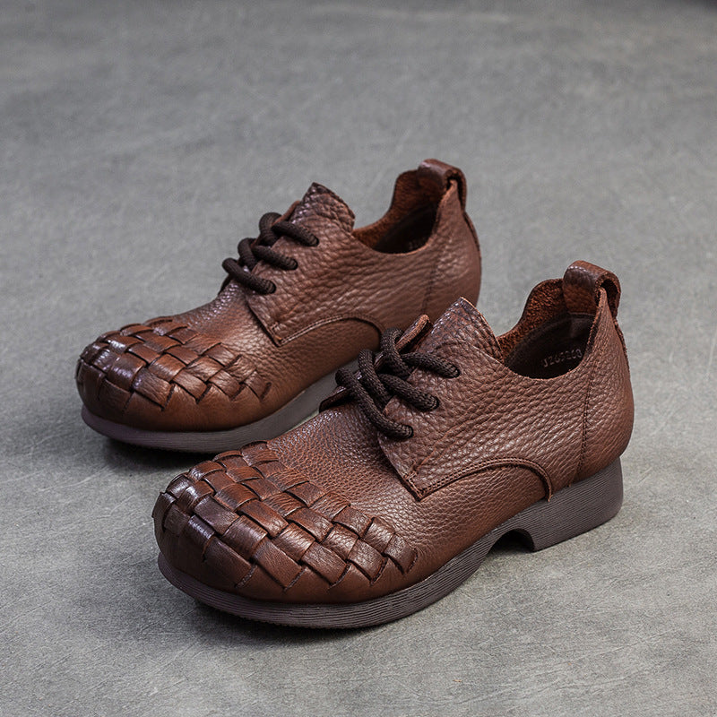Women Retro Soft Plaited Cowhide Casual Shoes-RAIIFY