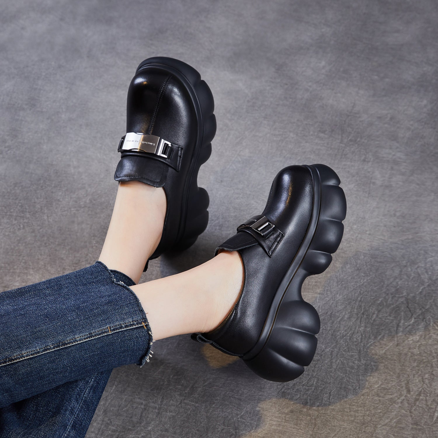 Women Genuine Leather Metal Buckle Platform Wedge Loafers-RAIIFY