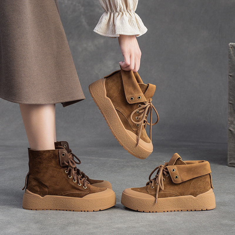 Women's Plain Soft Leather Flat Casual Ankle Boots-RAIIFY