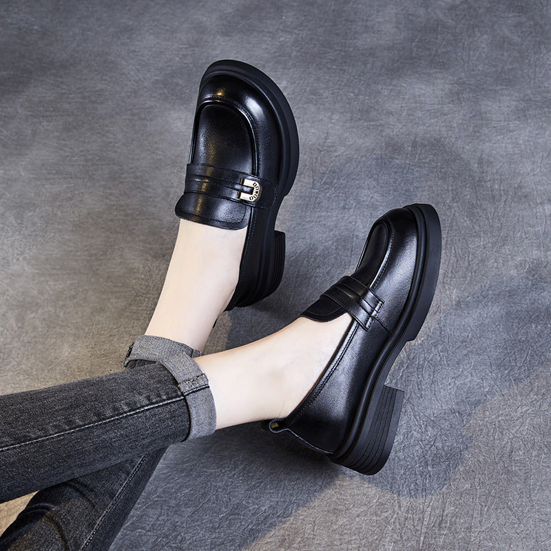 Women Retro Leather Low Block Classic Loafers-RAIIFY