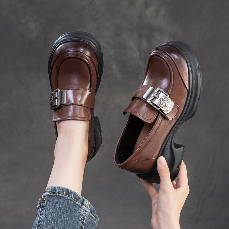 Women Retro Buckle Leather Chunky Heel Loafers-RAIIFY