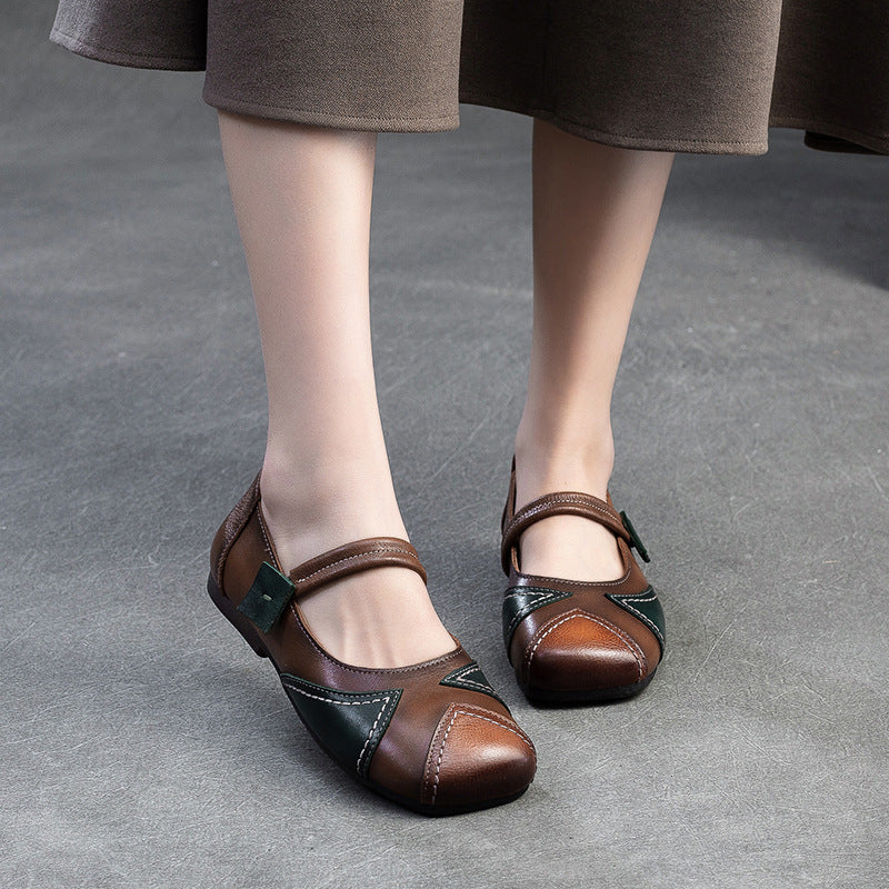 Women Vintage Color Matching Leather Soft Flats-RAIIFY