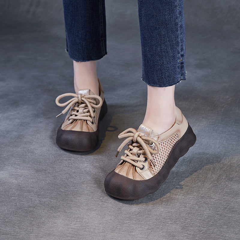 Women Vintage Leather Hollow Mesh Casual Shoes-RAIIFY